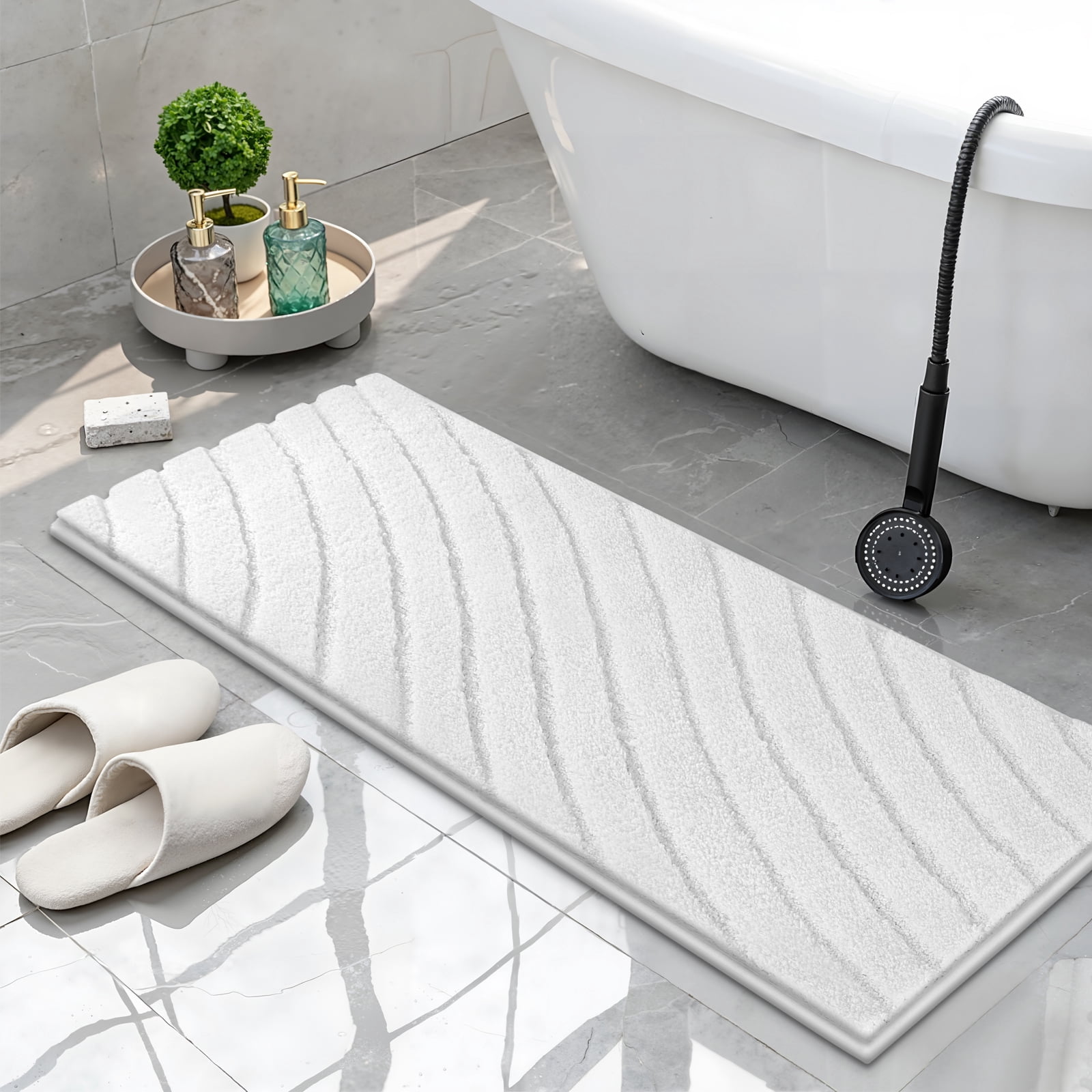 Findosom 3pcs Bathroom Rugs Set with U-Shaped Mat,Non Slip Machine Washable Wave Bath Mat,Ultra Soft Plush Shower Rugs for Bathroom,Tub,Shower20"x32"+20"x59"+U 20"x24"White