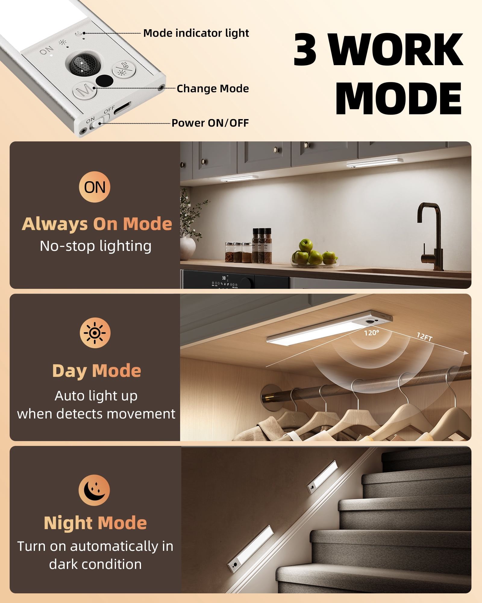 EZVALO Under Cabinet Lighting, LED Motion Sensor Closet Lights Indoor, 4000mAh, Dimmable Rechargeable Magnetic Stick On Lights, Under Counter Lights for Kitchen, Pantry, Stairs - 2 Pack
