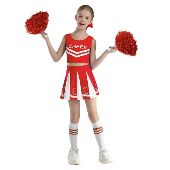 Haitryli School Girls Cheerleading Uniform Dress Crop Top Skirt and Pom Poms Outfits Carnival Cheer Dance Clothes Set Red 11-12