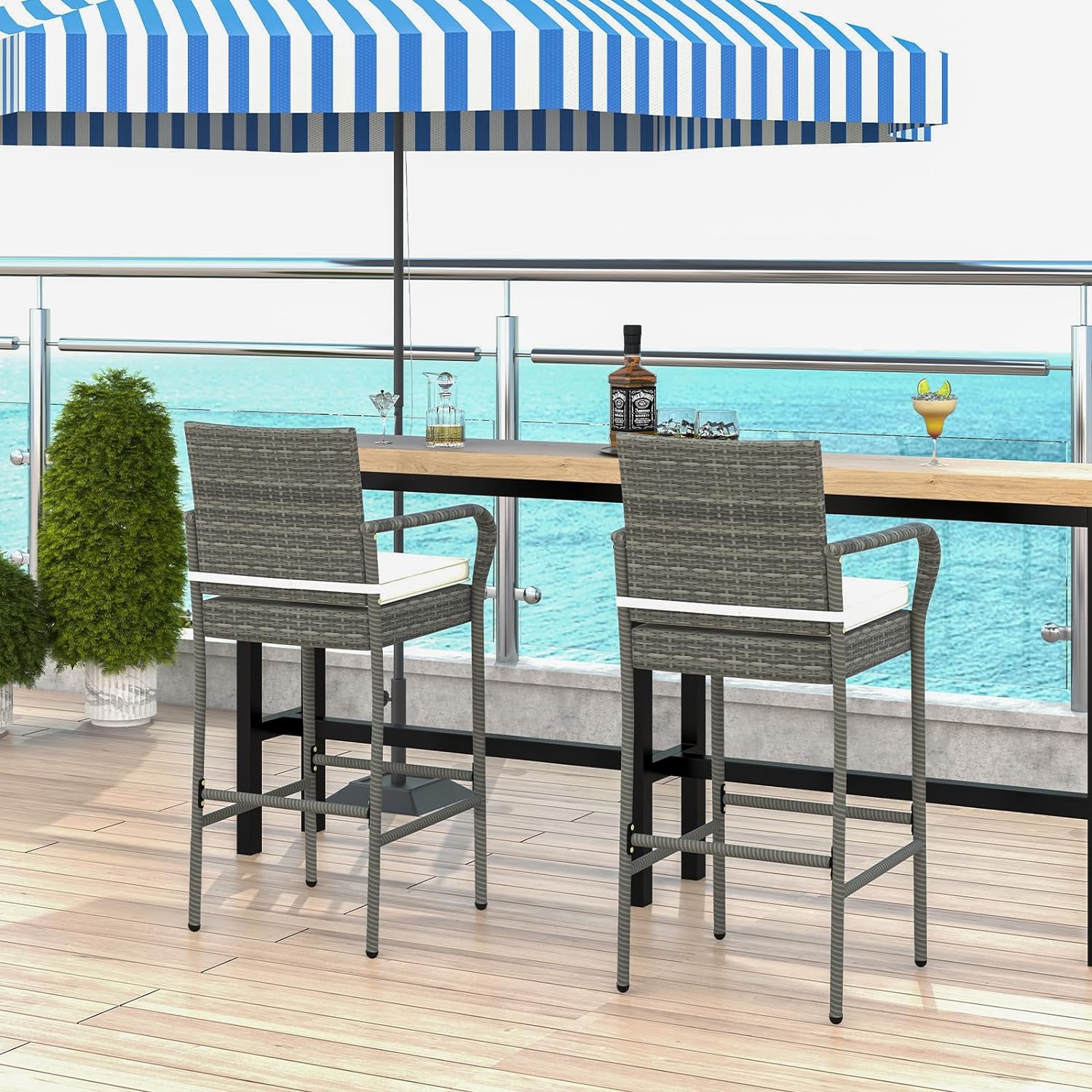 2 Pcs Outdoor Wicker Rattan Patio Bar Stools Counter Bar Height Chairs,Cushions,Mix Gray