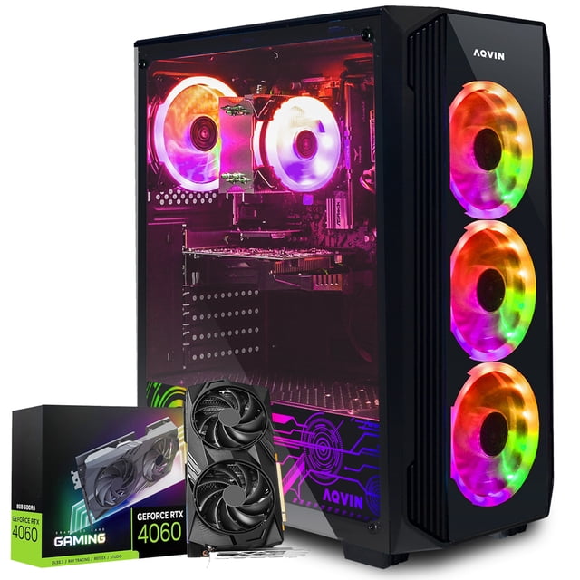 AQVIN Gaming Computer PC Desktop Intel Core i3 3.60 GHz, GeForce RTX 4060 8GB GDDR6, 32GB RAM DDR4 1TB SSD Storage, RGB Keyboard and Mouse, WiFi Ready, RGB Fans Windows 11 Pro - Black