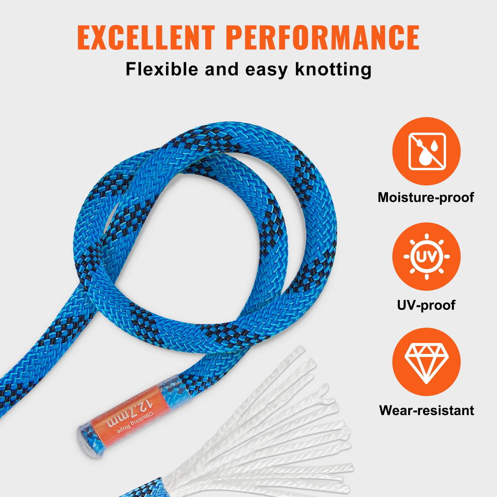 KFFKFF 12.7mm Safety Rope, 60.9M(200ft) for Outdoor Climbing, 30KN Tensile Strength, Durable Fiber Cord with Metal Carabiners for Emergency Exits, Rappelling, Fire Services, in Blue