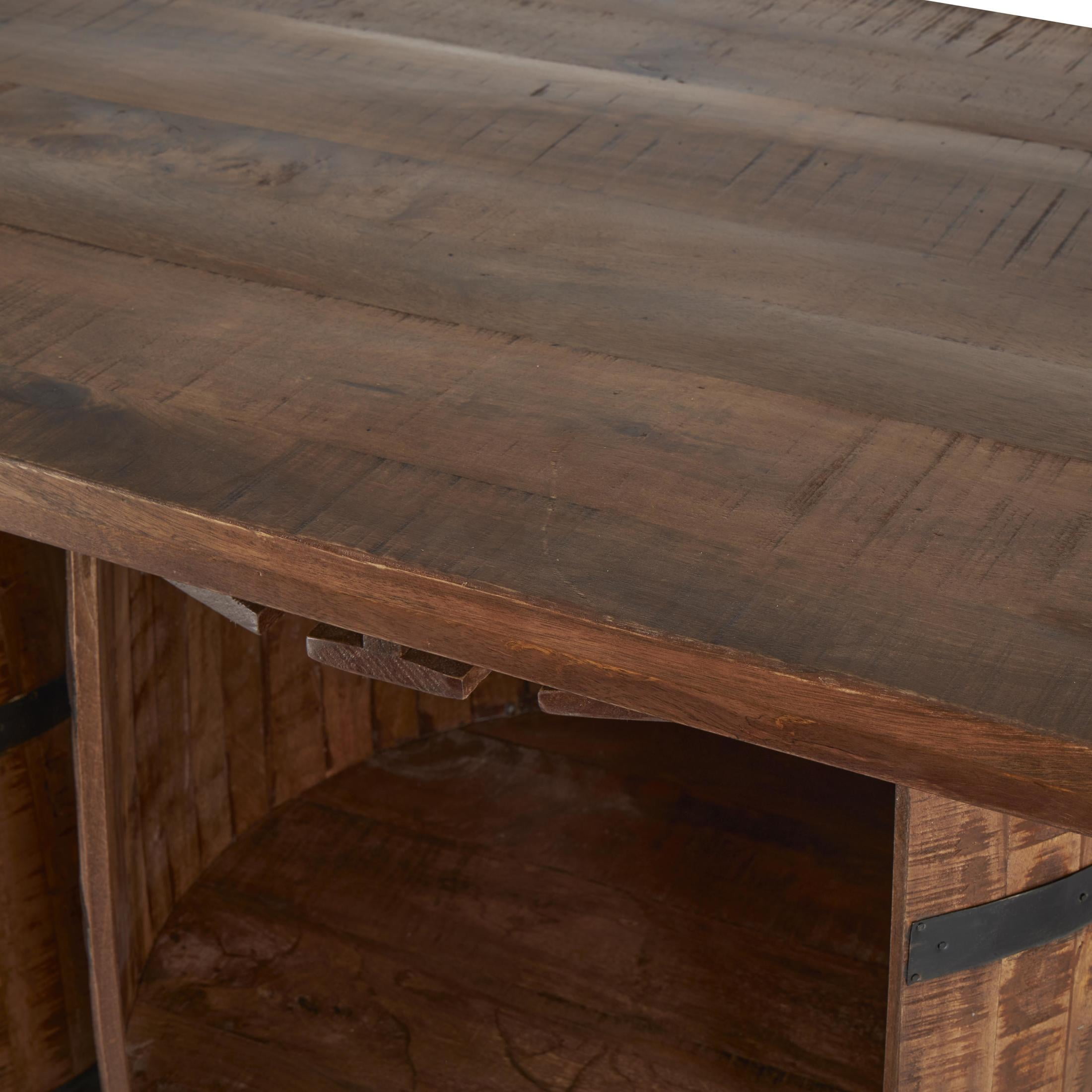DecMode 63" x 40" Brown Mango Wood Kitchen Barrels Bar with Live Edge Tabletop and Black Metal Support, 1-Piece