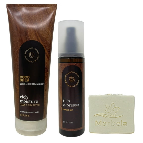 Bath & Body Works Coco Shea Espresso Fragranced Moisturizing Body Wash and Perfume Mist Duo Set with a Natural Oats Bar Soap - Full Size