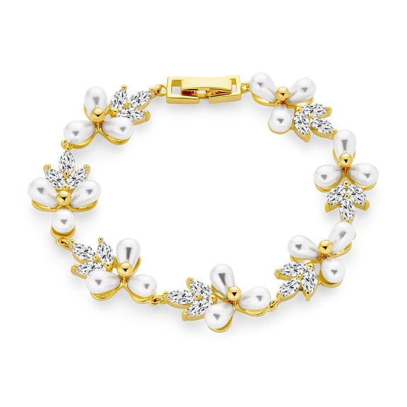 Bling Jewelry Womens White Cultured Freshwater Pearl Strand Bracelet Multi Flowers Leaf Motif 7 Inch Gold Plated