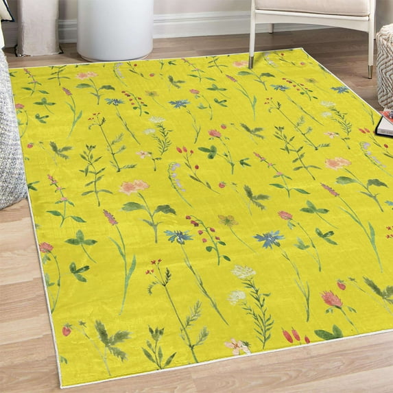Floral Decorative Rug, Spring Season Themed Watercolors Painting of Herbs Flowers Botany Garden Art, Quality Carpet for Bedroom Dorm and Living Room, 6 Sizes, Pastel Yellow, by Ambesonne