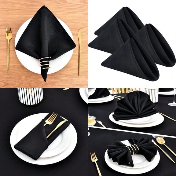 Set of 4 Black Cloth Napkins 17 x 17 Inches Solid Washable Polyester Dinner Napkins with Hemmed Edges for Dinners Parties Weddings Banquets Events Table Decoration