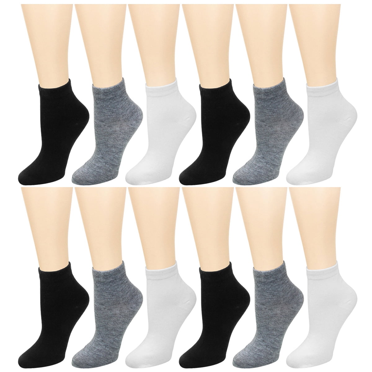 12 Pairs Women's Black Grey White Ankle Socks Size 9-11