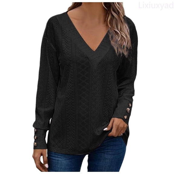 Lixiuxyad Women's Tops Dressy Casual V Neck Long Sleeve Buttons Hollow Out Lace Embroidered Blouses Shirts Womens Summer T Shirts,Black L