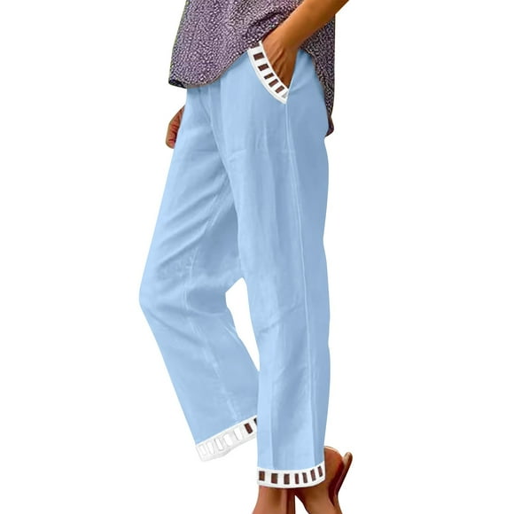 HUJlwoi Wide Leg Pants Woman Elastic Waist Loose Stretchy Trousers with Pockets Casual Fashion Pants for Beach Vacation