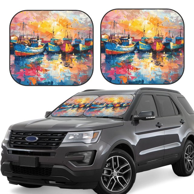 Fotbe Colorful Fishing Boats 2-Piece Car Windshield Sun Shade | Sun Blocker for Car Windshield | Foldable Automotive Interior Accessories for Sun Protection-Small
