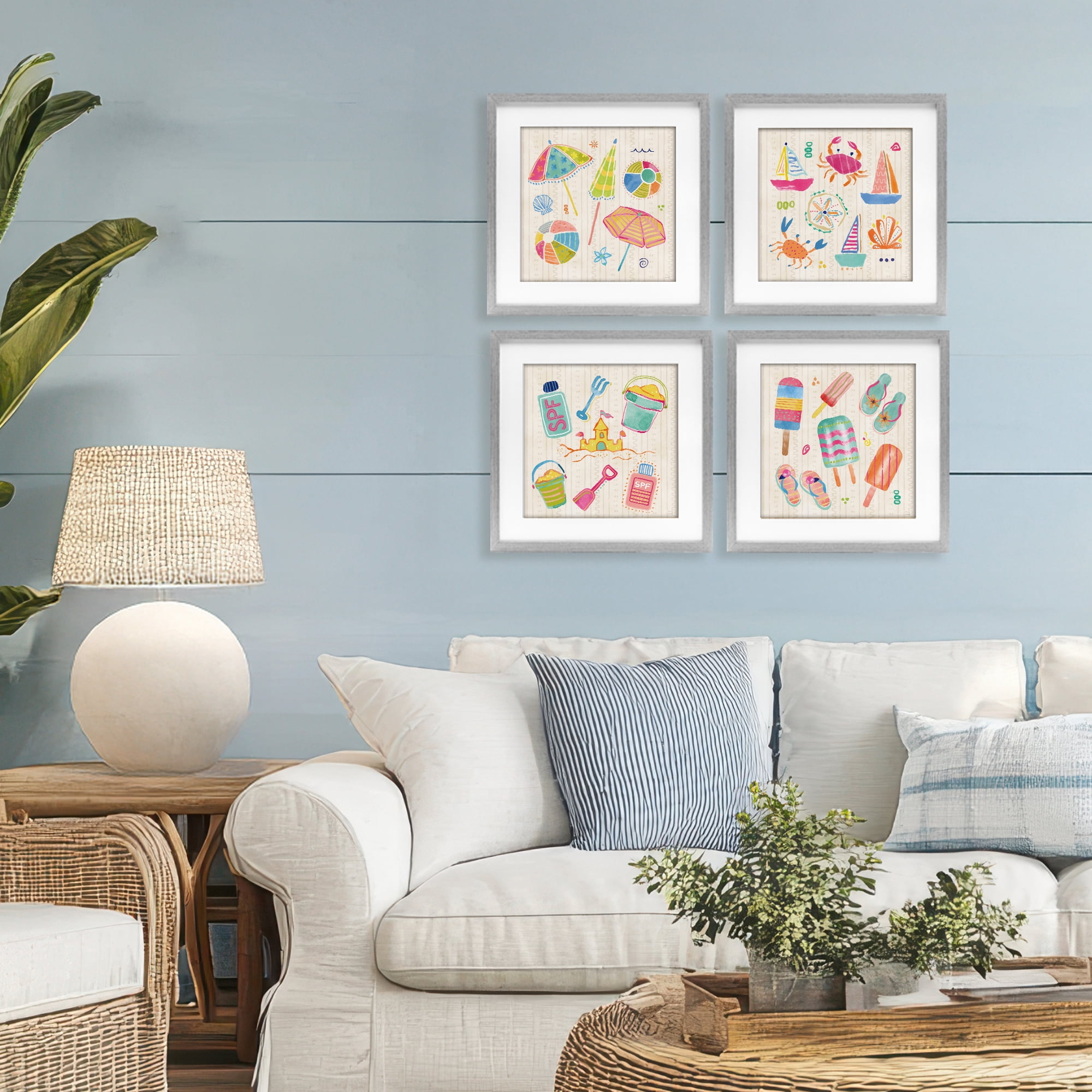 Stupell Industries Beach & Boats Collection 4 Piece Gray Framed Print Under Glass Set, design by Dina June