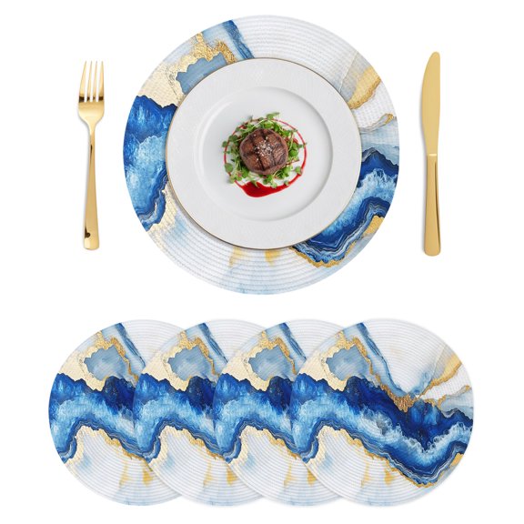 Round Placemats Blue Gold Marble 15 inch Set of 4 Table Mats for Dining Table Modern Art Heat Resistant Non-Slip Kitchen & Home Decorative Place Mat Set