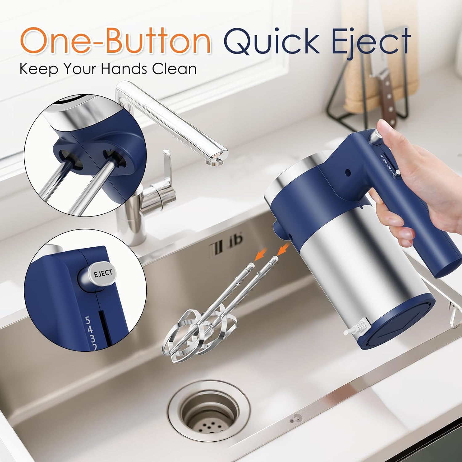 Powerful 600W Hand Mixer, 5-Speed Electric Hand Held Mixer for Baking, Lightweight Stainless Steel Hand Beaters *2 & Dough Hooks*2 with Eject Button, Kitchen Mixer for , Cookies, Dough-Blue