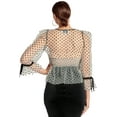 thumbnail image 2 of J'lene Top - Women's 3/4" puff sleeve mesh top with flocked polka dots & peplum hem., 2 of 6