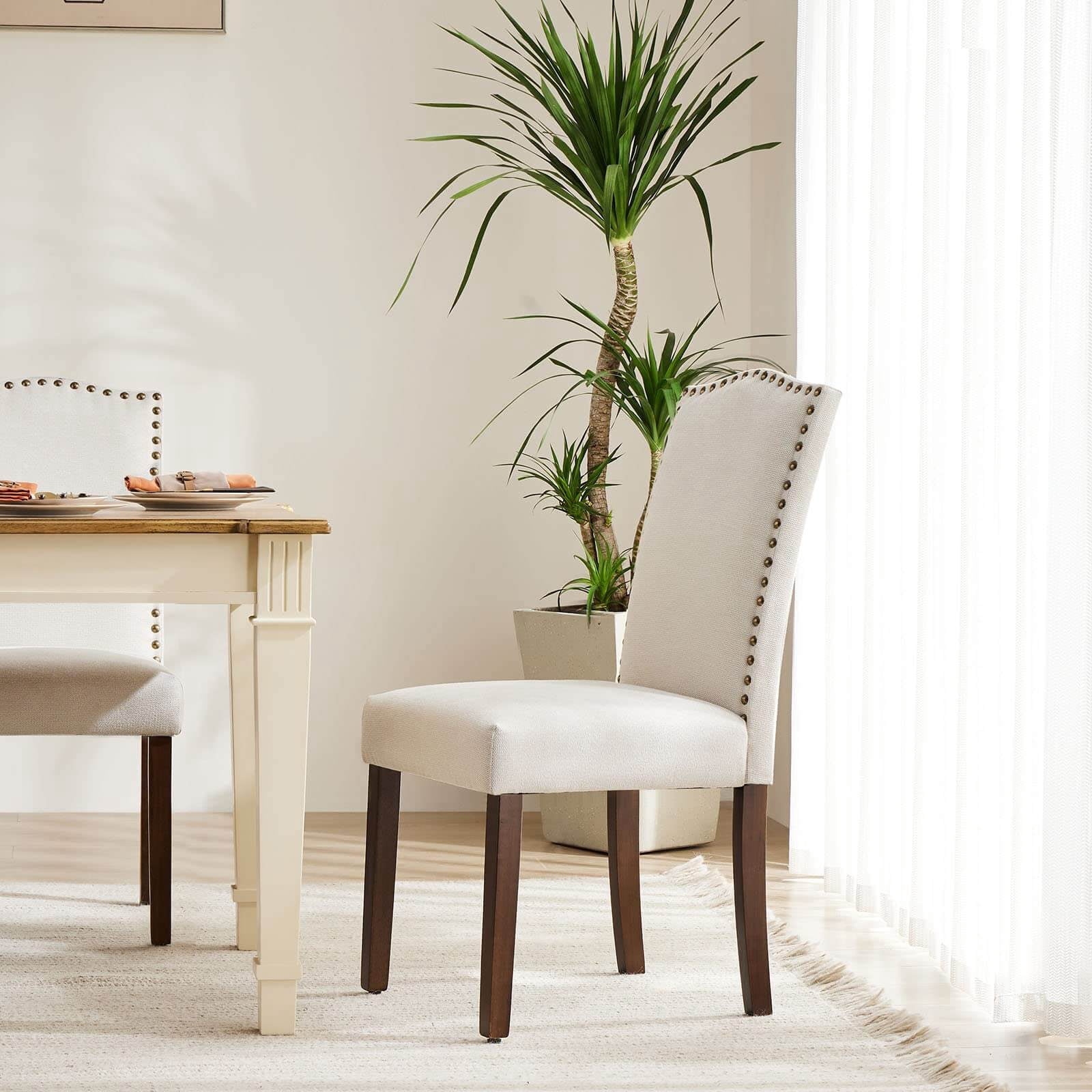 Aukfa Dining Chairs Set of 2, Kitchen Dining Room Chairs Side Chairs with Nailhead Trim Beige
