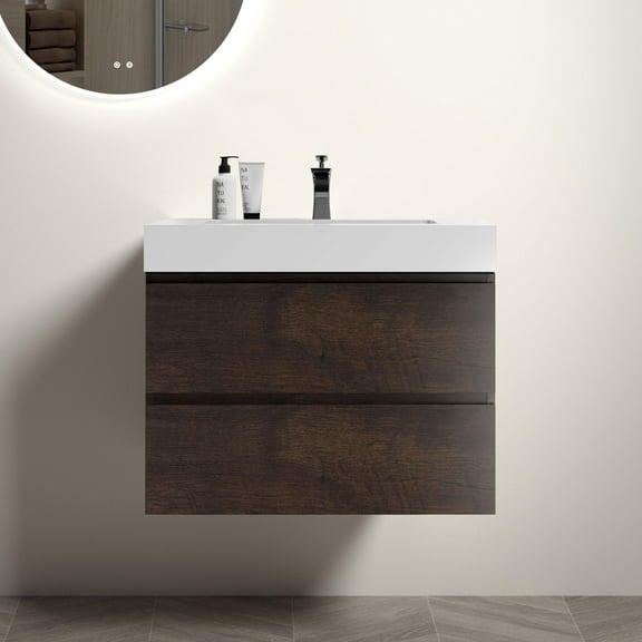 30" Walnut Bathroom Vanity with Sink, Large Storage Wall Mounted Floating Bathroom Vanity for Modern Bathroom, One-Piece White Sink Basin Without Drain and Faucet, Pre-assembled