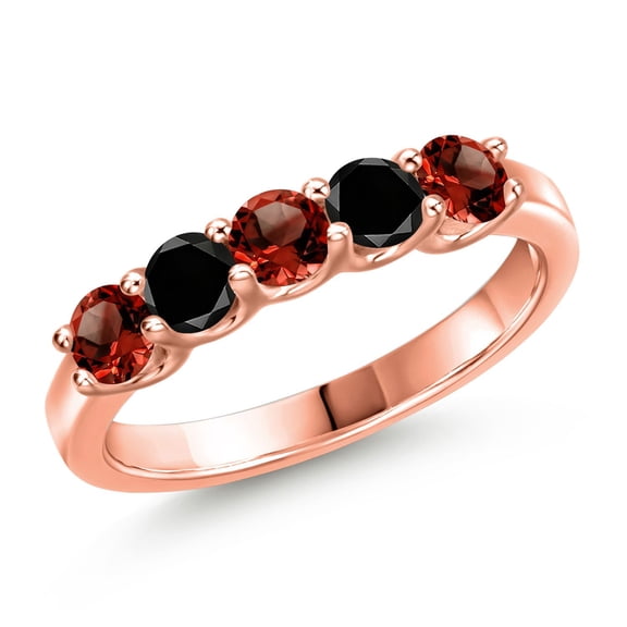 Gem Stone King 18K Rose Gold Plated Silver Red Garnet and Black Diamond Wedding-Bands Ring for Women | 0.94 Cttw | Round 3.5MM | Gemstone January Birthstone | Size 6