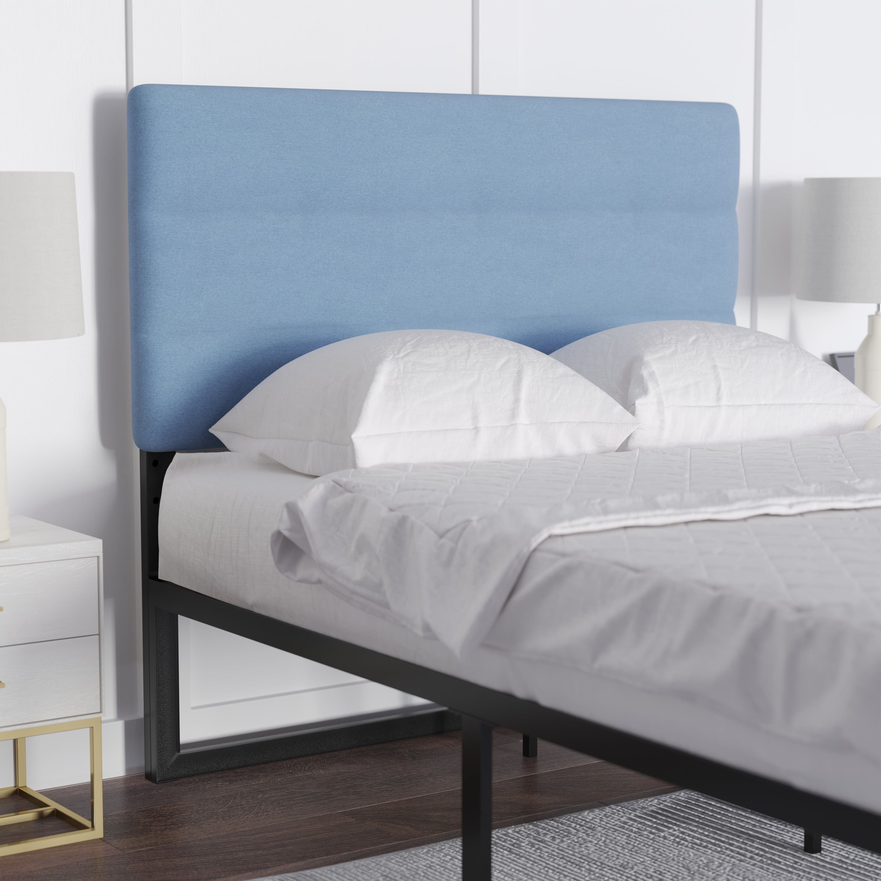 Emma + Oliver Modern Blue Fabric Upholstered Full Headboard with Horizontal Line Stitching and Adjustable Height Rail Slots