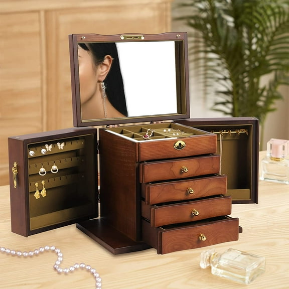 Wooden Jewelry Box for Women 5 Layer Wood Jewelry Boxes & Organizers with Combo Lock for Jewelries, Necklaces, Rings, Vintage Style Jewelry Storage Box with Drawers and Mirror