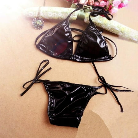 

Ladies Fashion Lingerie Underwear Set Bra+Thong Hanging Neck Patent Leather