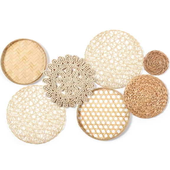 7pcs/Set Boho Wall Decor, Hand-woven Hanging Baskets, Woven Wall Decor, Rustic Rattan Wall Decor Suitable for Living Room, Bedroom, Office for Housewarming Gifts, Home Aesthetic