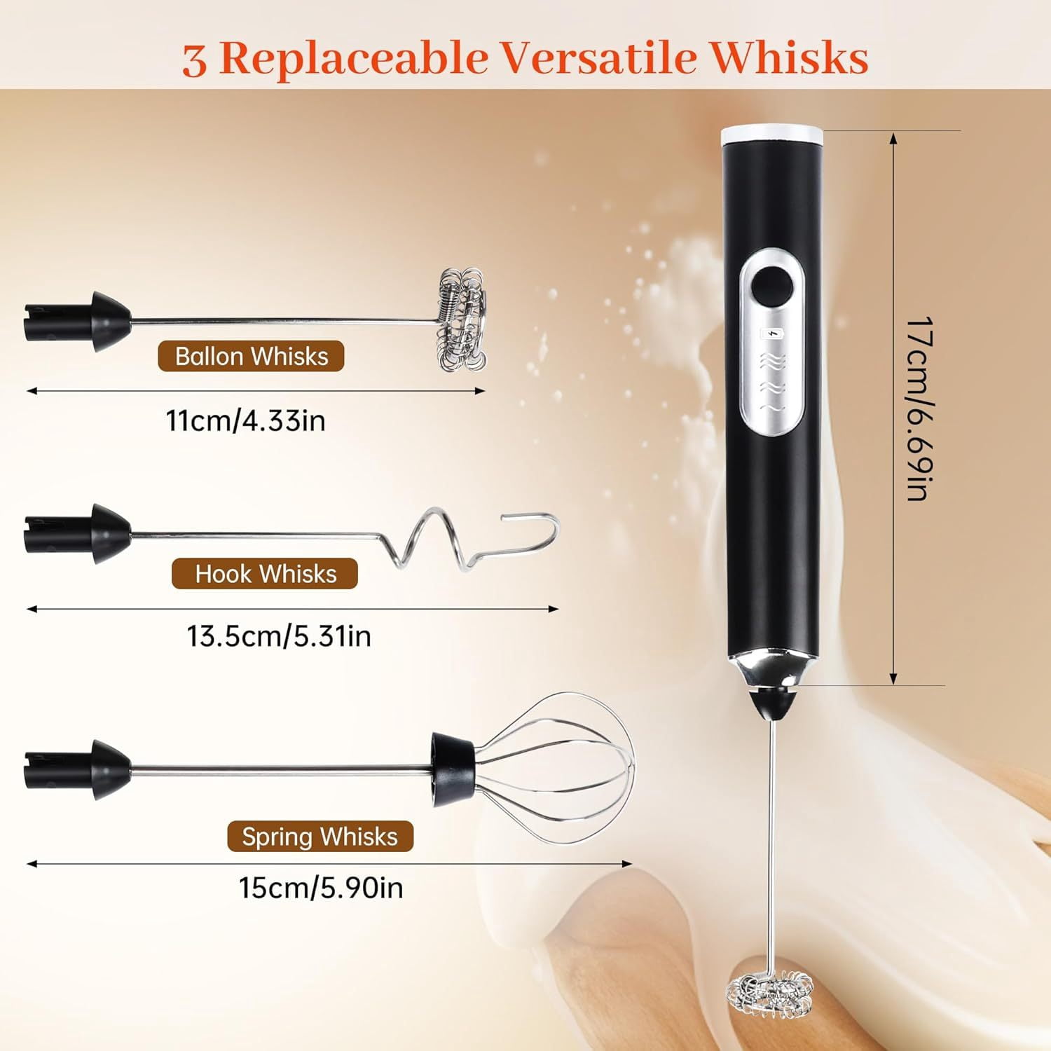 Milk Frother with Stand, 3 Speed Adjustable Handheld Electric Whisk, Drink Mixer with Stainless 3 Whisk, Hand Frother Wand Rechargeable, Foam Maker for Cappuccino Hot Chocolate Egg Latte