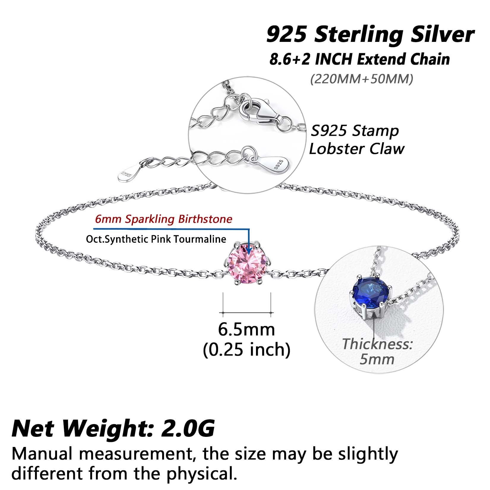 Silvora Shiny Birthstone Anklets 925 Sterling Silver Anklet Bracelets with Round October Tourmaline Birthday Christmas Jewelry Gift