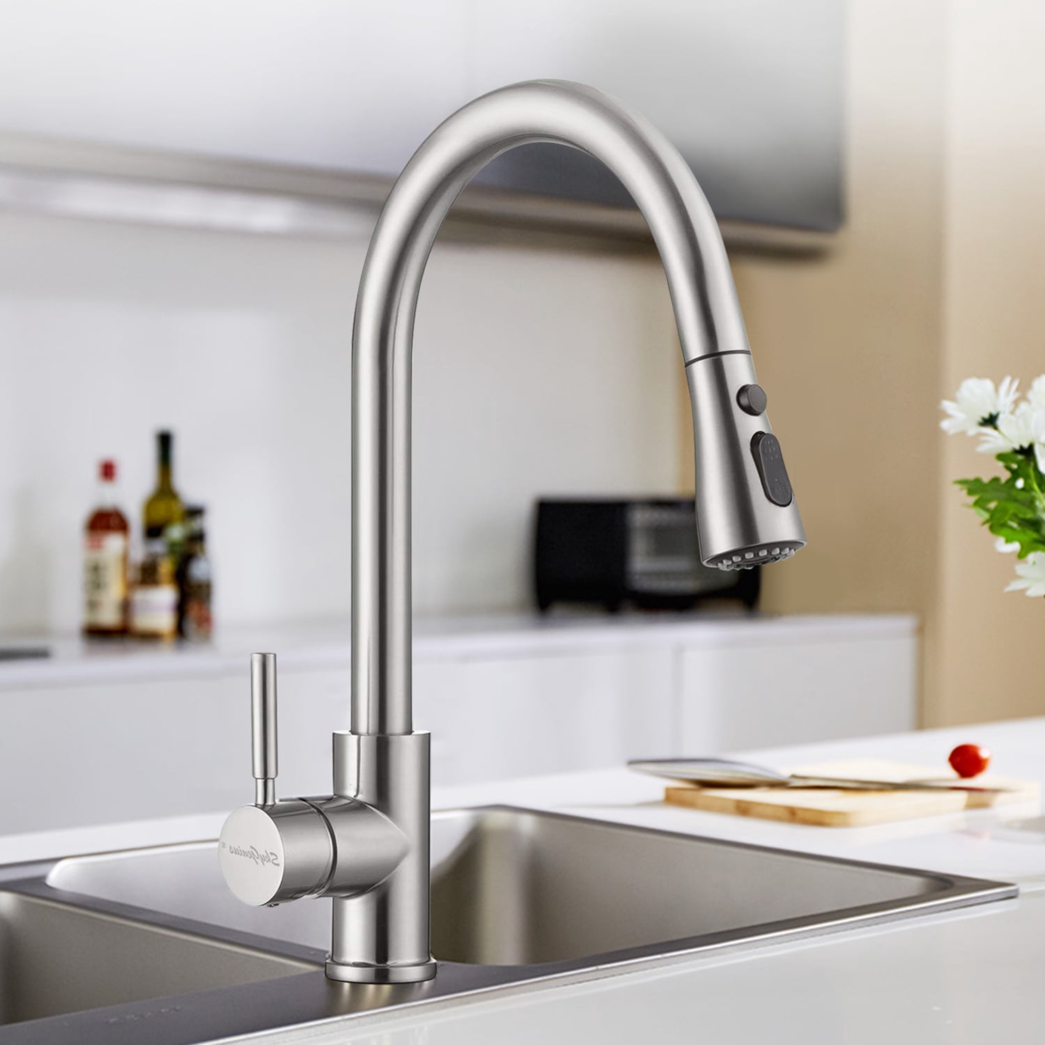 SkyGenius Pull Down Kitchen Faucet with Sprayer Deck Plate Single Handle Sink Faucet, Brushed Nickel