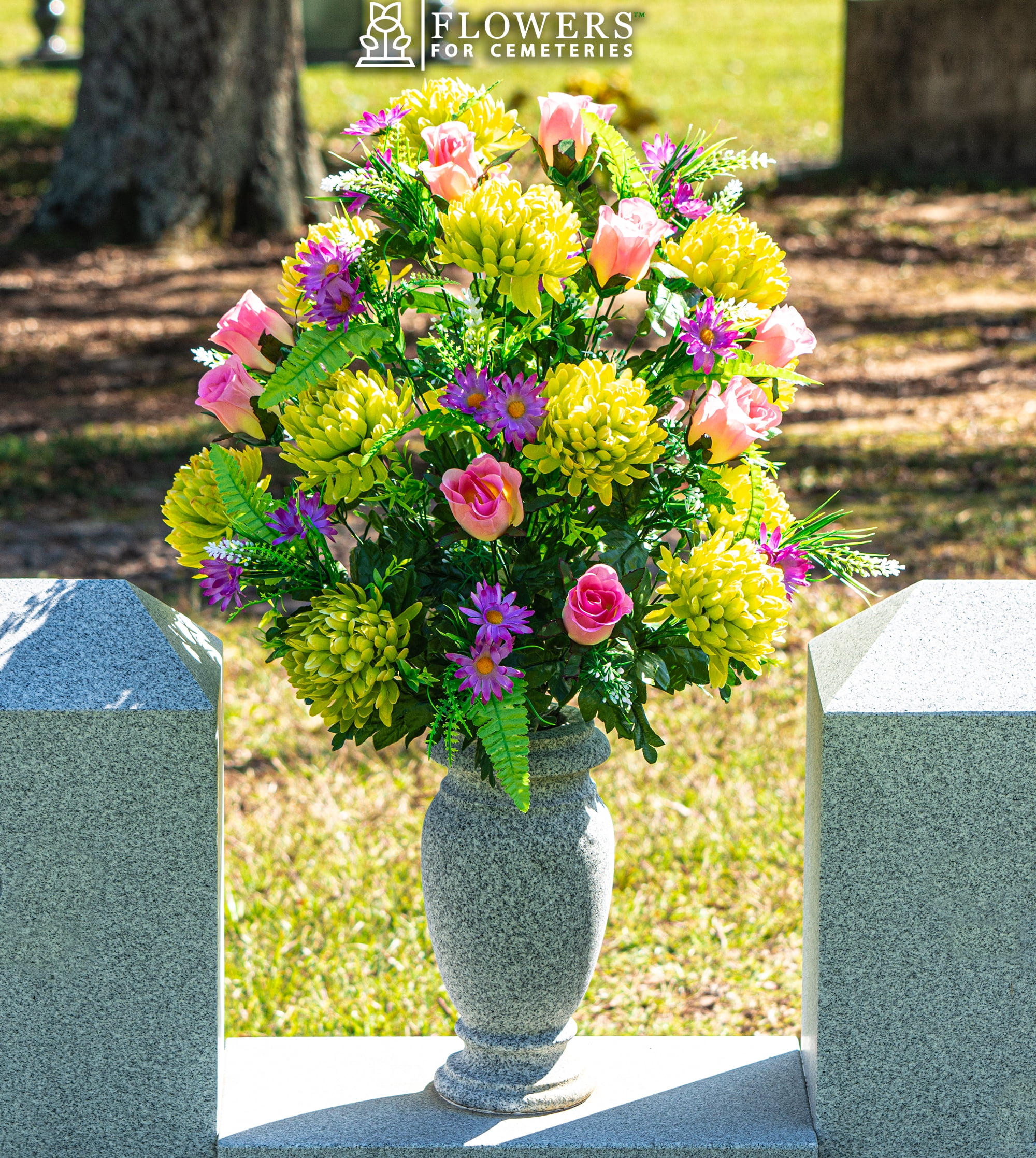 Sympathy Silks Artificial Cemetery Flowers -Lime Mum and Lavender Rose Bouquet