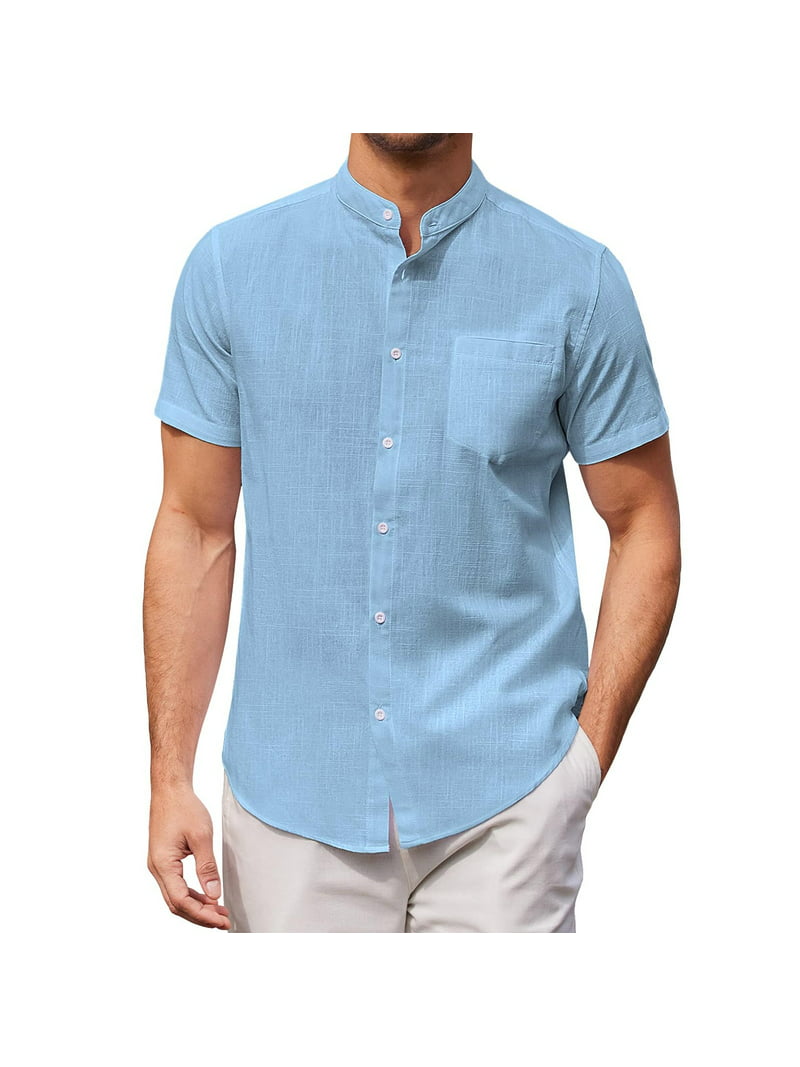 Light Blue Compression For Men Spring And Summer Solid Top Shirt Casual Cotton Linen Stand Collar Plus Size Vacation Short Sleeve Shirt -