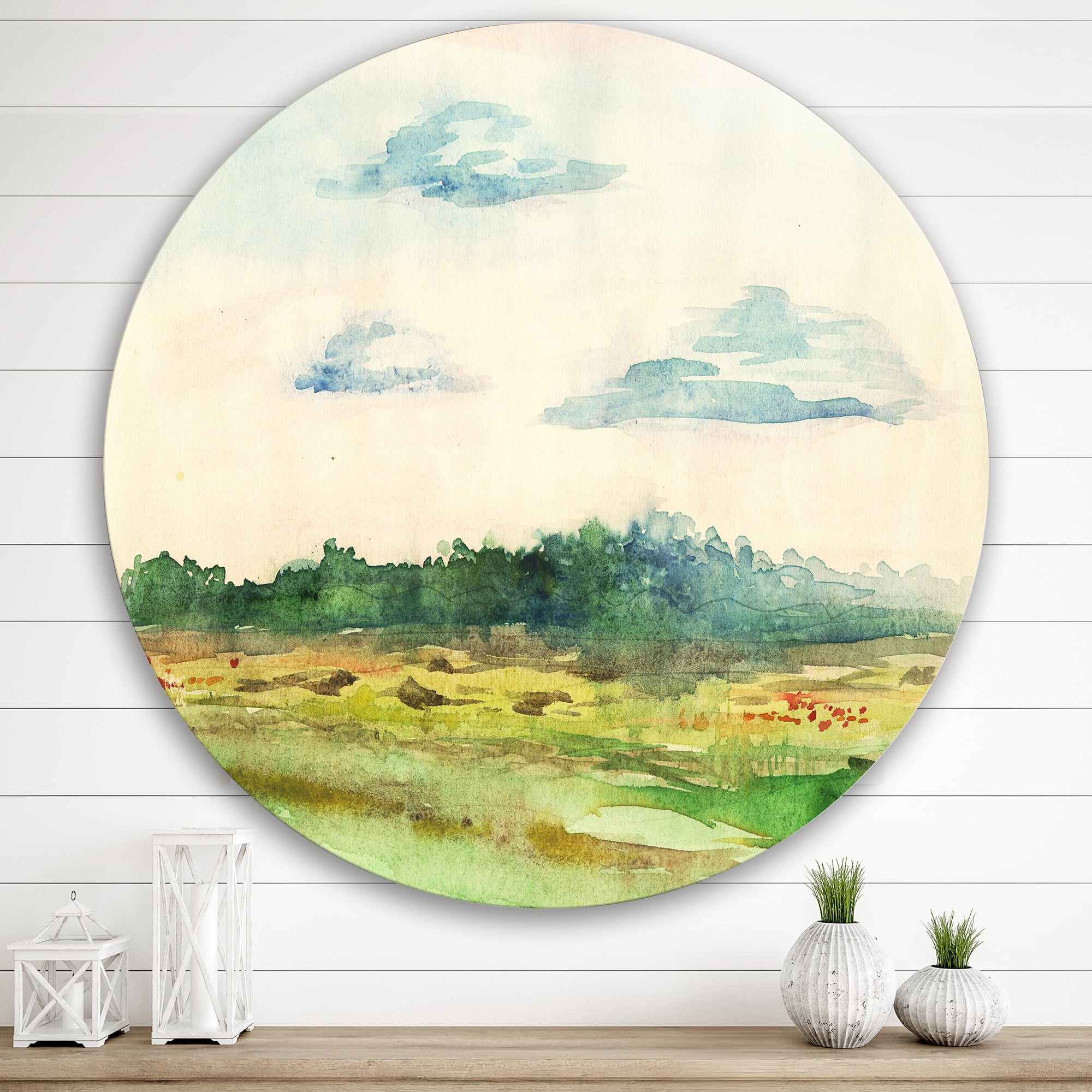 Designart 'Summer Landscape Of Green Blossoming ' Traditional Circle Metal Wall Art 29x29 - Disc of 29