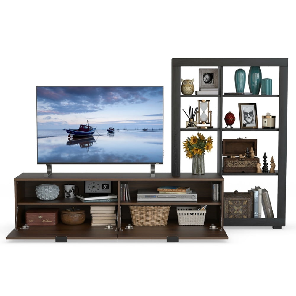 Finihen TV Stand, TV Cabinet, 2-In-1 TV Stand with 4-tier Bookshelf for TVs up to 50 Inch, Media Entertainment Center with Storage, for Living Room, Bedroom, Walnut