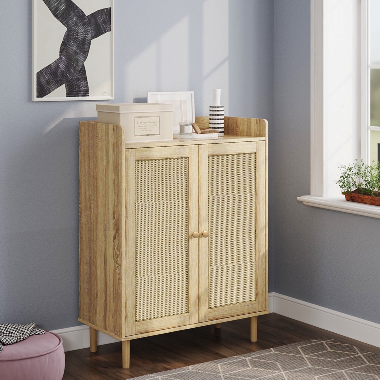 Wood Shoe Cabinet with 2 Rattan Doors, Farmhouse Boho Shoe Storage Organizer with 3 Adjustable Shelves, 4 Tier Shoe Rack Cabinet for Entryway, Closet, Bedroom, Hallway, Livingroom