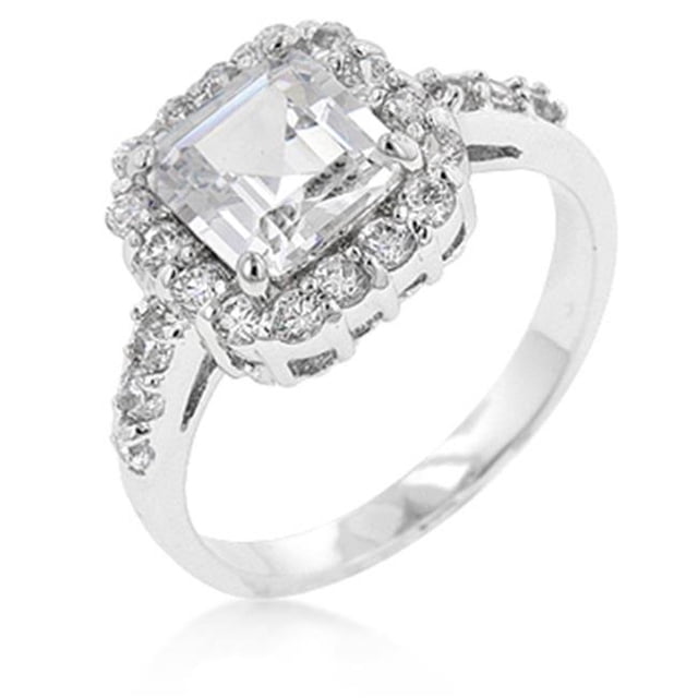 Kate Bissett R07954R-C01-10 White Gold Rhodium Anniversary Style CZ Showcase Ring featuring Princess Cut Center CZ with Pave Round CZ Trim - Size 10