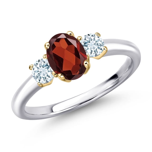 Gem Stone King 925 Silver and 10K Yellow Gold Red Garnet and Sky Blue Aquamarine Engagement Ring for Women | 1.21 Cttw | Oval 7X5MM | Gemstone January Birthstone | Size 9