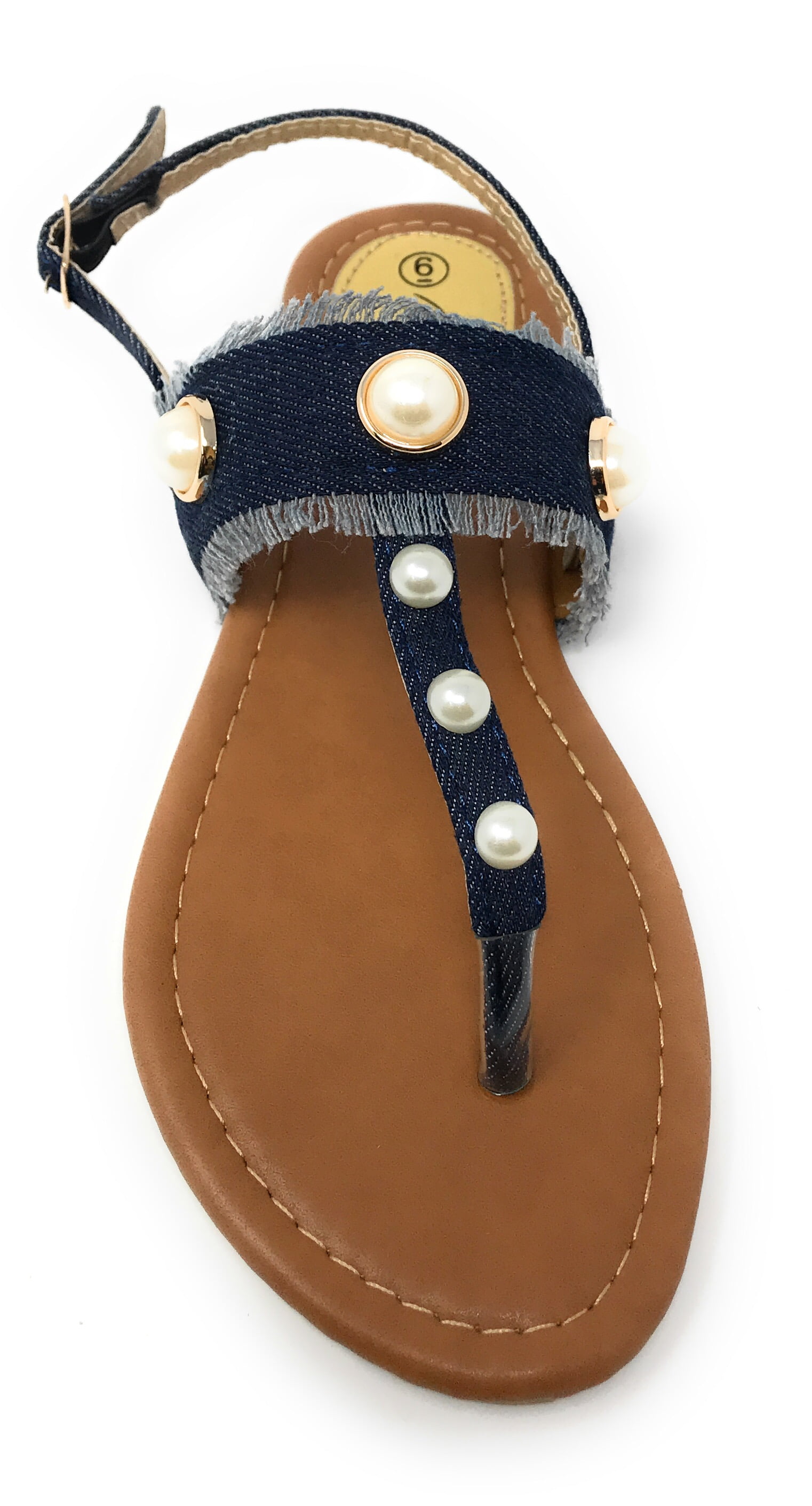 Victoria K Women's Fringed Denim With Pearl Studs Sandals