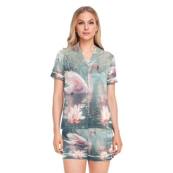 Women Silk Pajama Sets Causal Outings Fashion Swan with Pink Wings Swimming Pattern Home