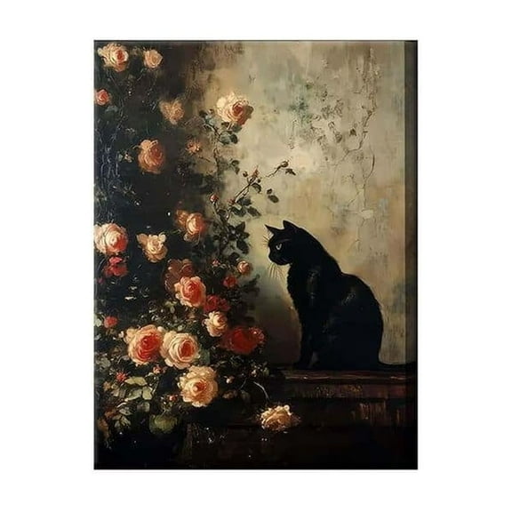 Vintage Black Cat Canvas Wall Art Floral wall decor pictures Victorian Cat Print Dark Academy Painting Artwork 12X16in