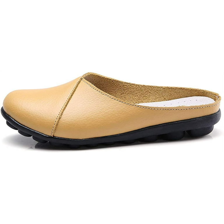 Women's Loafers Slip-on Leather Shoes Open Back Mule Casual Flat