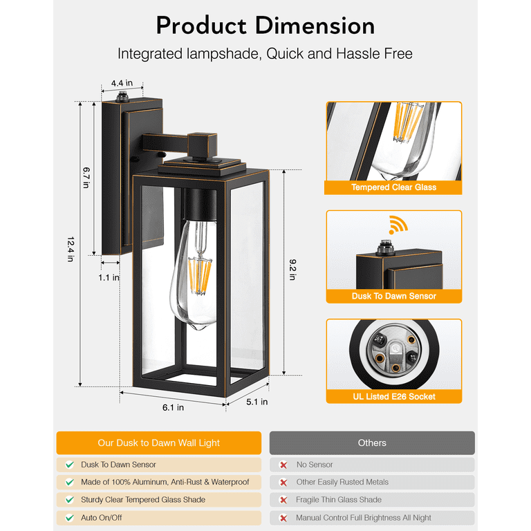 Roravilila Dusk To Dawn Gold Porch Light 2-Pack – 15 Inch Aluminum Anti-Rust Outdoor Wall Lanterns, IP65 Waterproof, Clear Glass, Photocell Sensor