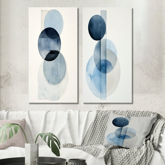 Designart "Minimal Orbicular Unity in Retro Blue II" Modern Geometric Wall Art Set Of 2 - Modern Blue Wall Decor Set Of 2