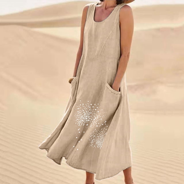 FcBaudy Robe Sans Manches à Col Rond, Robes d'Été pour Femmes, Nouvelles Robes pour Femmes, Robe Longue Imprimée Sans Manches et en Lin à Col Rond pour Femmes