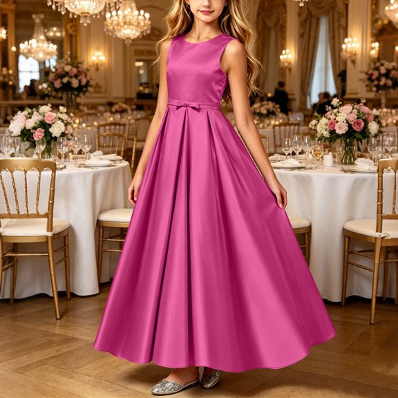 LEKWK Girls Satin Maxi Dress Sleeveless Crewneck Bow Waist Flowy Dress Teen Elegant Pleated A-Line Gown Performance Party Birthday Wedding Guest 0-15Y