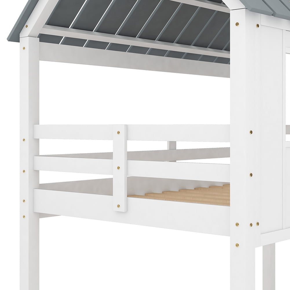 Kadyn Twin over Twin Size Low Bunk Beds with Roof and Fence-shaped Guardrail, White