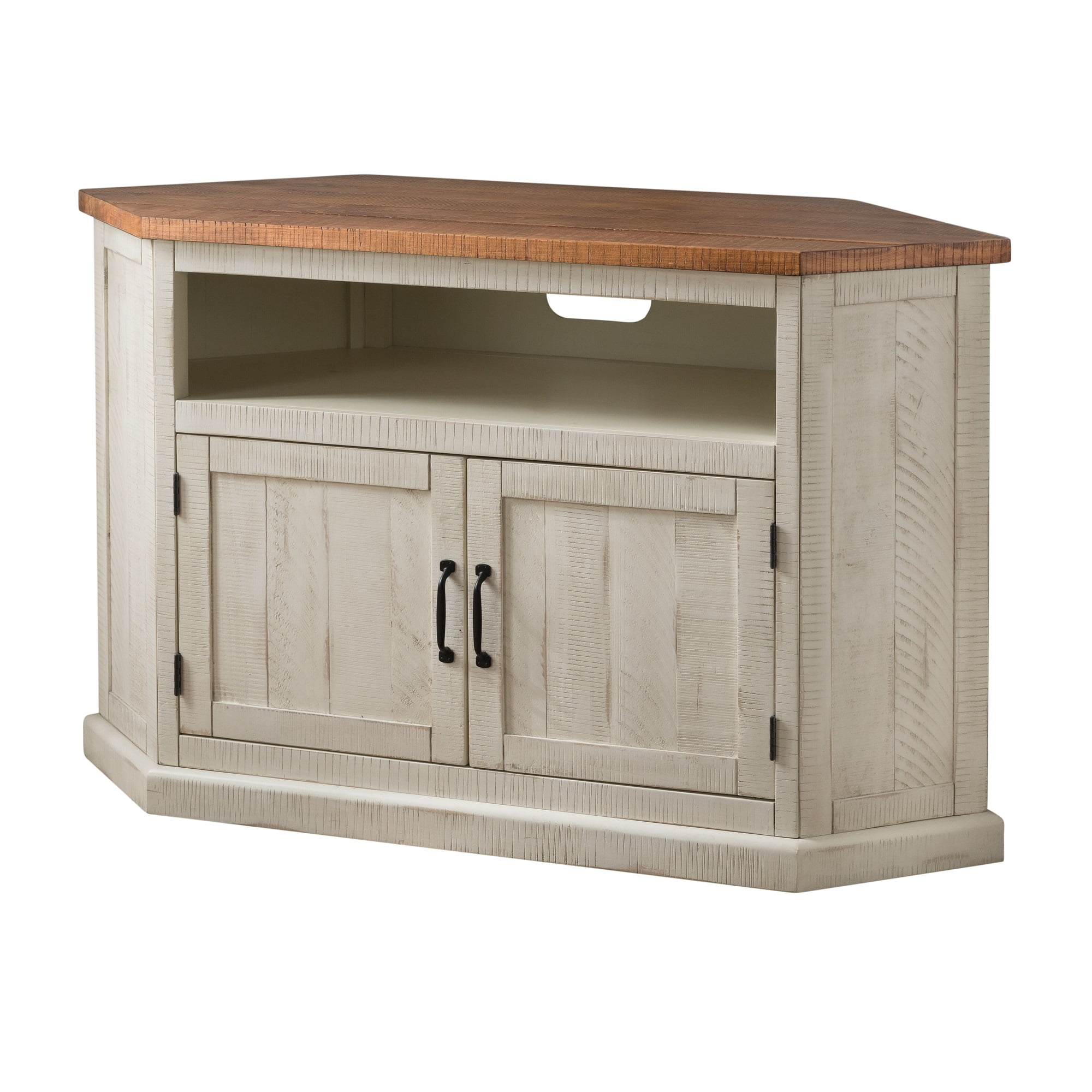 Rustic Wooden Corner TV Stand with 2 Door Antique White and