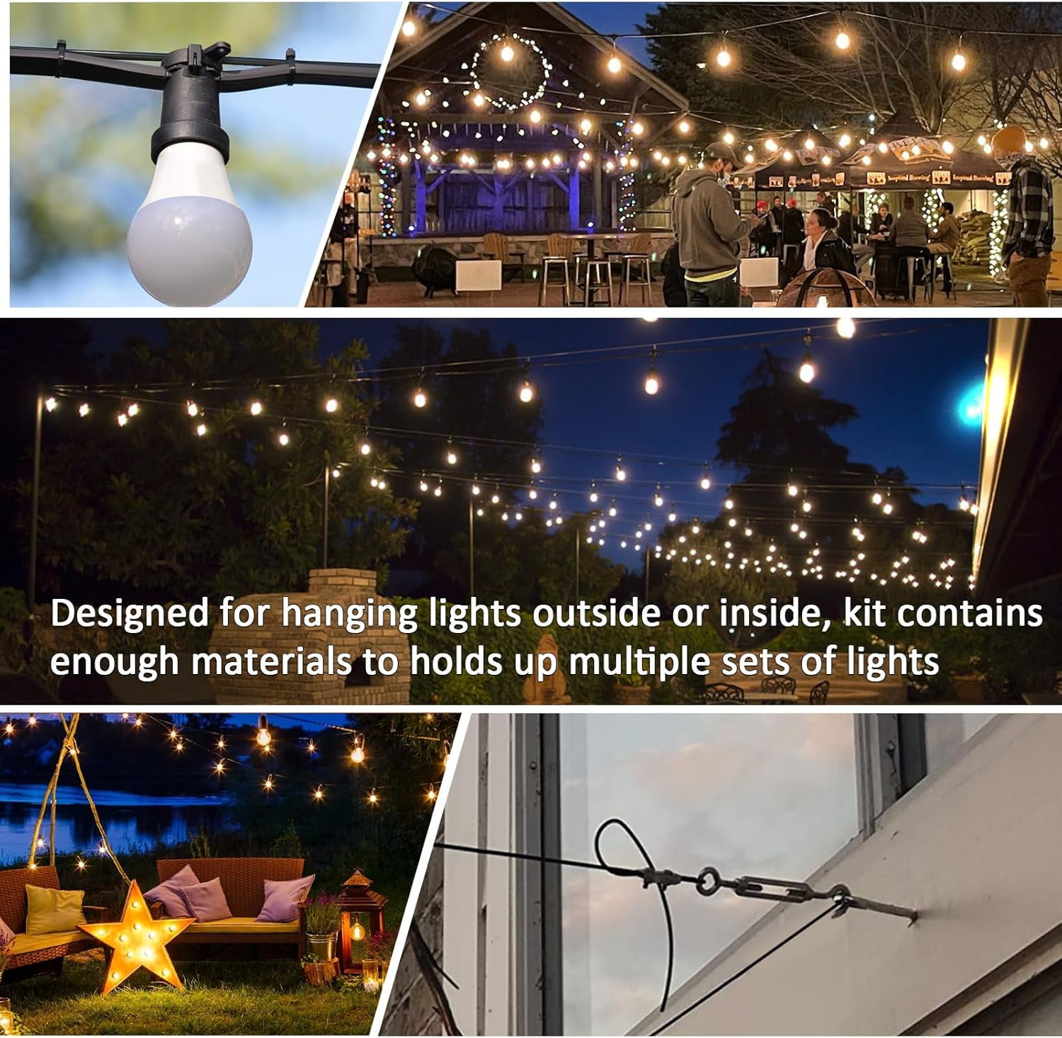 TooTaci String Light Hanging Kit, 164FT PVC Coated Steel Cable, Stainless Steel Wire for Indoor Outdoor String Lights, Patio Lights, Camping Light