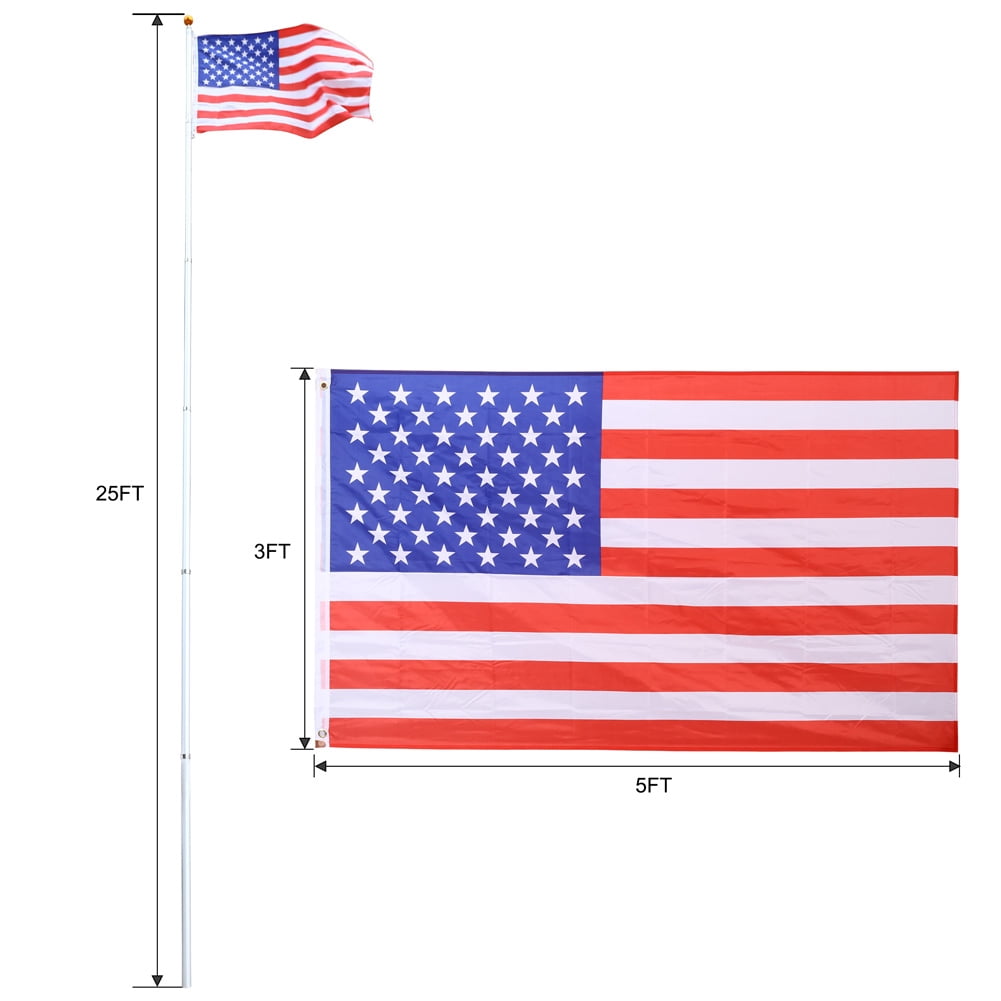 25Ft Telescopic Flag Pole Kit Height Adjustable Heavy Duty Aluminum Flagpoles With American Flags Top Ball Decoration For Yard