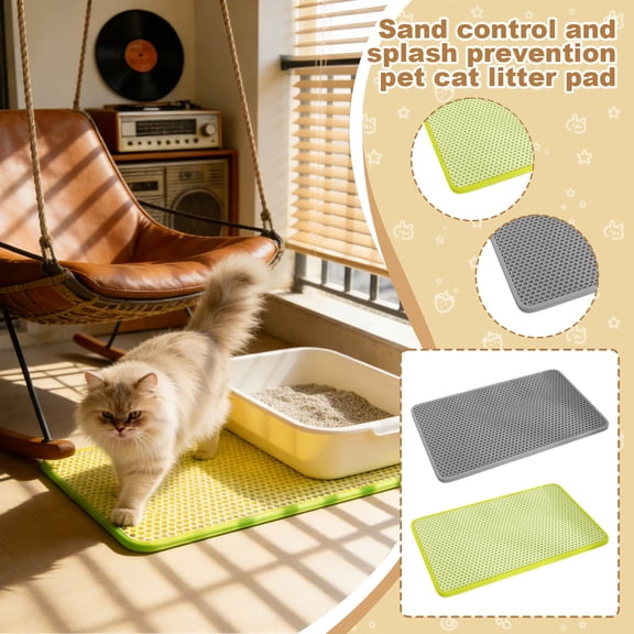 Cat Litter Mat Double Layer Honeycomb Litter Trapping Mat 17.7 x 11.8 Inch Waterproof Non-Slip Pet Litter Box Mat for Mess Scattering Control - Light Green
