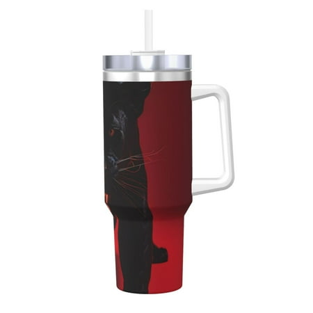 

Gaeub Black Panther Red Background Print Stainless Steel Hot/Cold Coffee Cup 40oz Ice Bully Cup With Handle And Straw Travel Coffee Cup